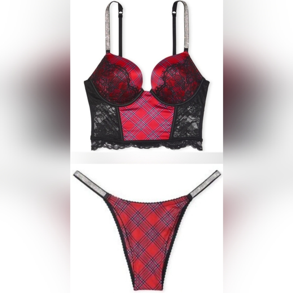 38C/XXL Victoria's Secret Shine Strap Bombshell Corset Top Panty Set Red Plaid